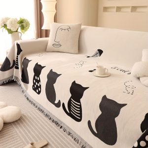 Bohemian Chenille Sofa Cover with Playful Cat Design - Double-Sided, Tassel-Trimmed Slipcover for Single to Four-Seater Sofas, Machine Washable, 100% Polyester, All Seasons Use