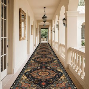 Golden Diamond Velvet 1pc Outdoor Mat, Plastic Straw Mat for Patio, Persian Retro Elegant Pattern Balcony Hallway Runner, High-End Artistic Ethnic Decorative Dining Room Corridor Mat, Large-Sized Anti-Slip Indooru002FOutdoor Area Mat